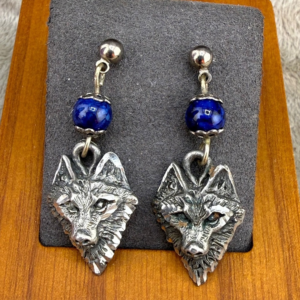 Vintage EJC Wolf Earrings Silver Pewter Dangle Drop Blue Bead 1995 Signed